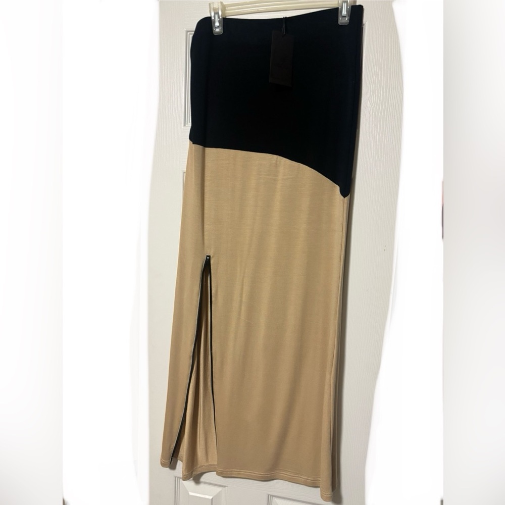 Black and Tan Asymmetrical Maxi Pencil Skirt